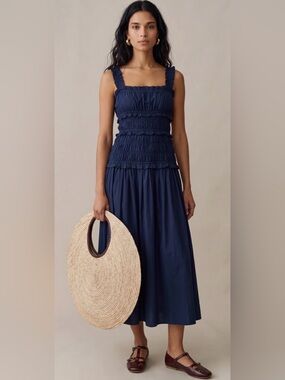NWT o.p.t. Freya Cotton Dress XS Navy Ruched Midi Tibi Inspired